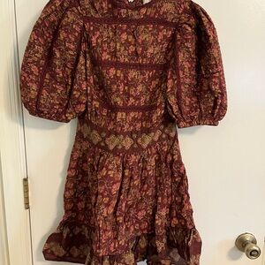 Sea New York Floral Puff Sleeve Dress - Burgundy and Gold